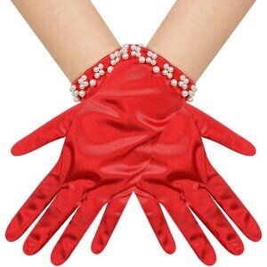 Women's Red Satin Pearl Short Length Wrist Gloves Wedding Banquet Party Prom